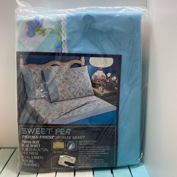 Vintage Sweet Pea Perma-Prest Muslin Twin Flat & Fitted Sheet Floral Sears 1970s - Picture 2 of 5
